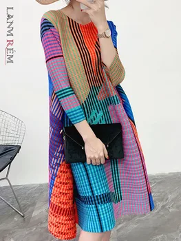 LANMREM Naguban Obleke Za Famale 2023 Novo Ohlapno Elastična Tiskanje Kontrast Barve Moda za Ženske Krat Oblačila YJ416