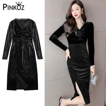 Pinkoz black midi obleko mozaik čipke polka dot svinčnik proti-vrat dolg rokav elegantna urad dama pasja moda za ženske obleka za