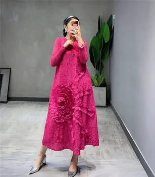 Miyake Nabrano Obleko Spadajo 2021 Pozimi 3D Appliques Sonce Cvet Vezene Rdeče Letnik Naguban Estetska Oblačila