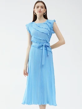 Miyake Naguban Brez Rokavov Čipke Obleko Ženske 2023 Poletje Nove Korejske Modne Vzročno Elegantno Dolgo Plus Velikost Obleka S Pasom