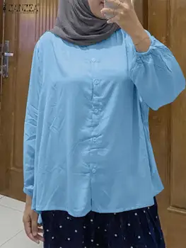ZANZEA Moda Muslimanskih Vrhovi Barva O-Vratu Puff Rokav Bluzo Abaya Pomlad Elegantna Športna Majica Mujer Bohemian Počitnice Bluzo