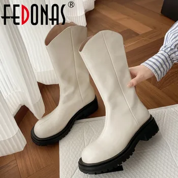 FEDONAS Priljubljena Krog Toe Žensk Sredi Tele Škornje Nazaj Zadrgo Pravega Usnja Priložnostne Urad Čevlji Ženska Debela Petah Jesen Zima